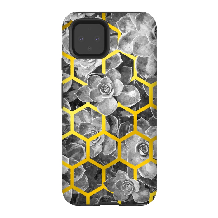 Pixel 4 StrongFit Black and White Succulent Gold Geometric by Alemi