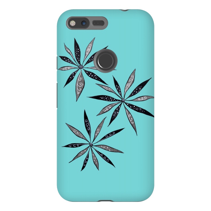 Pixel XL StrongFit Elegant Thin Flowers With Dots And Swirls On Blue by Boriana Giormova