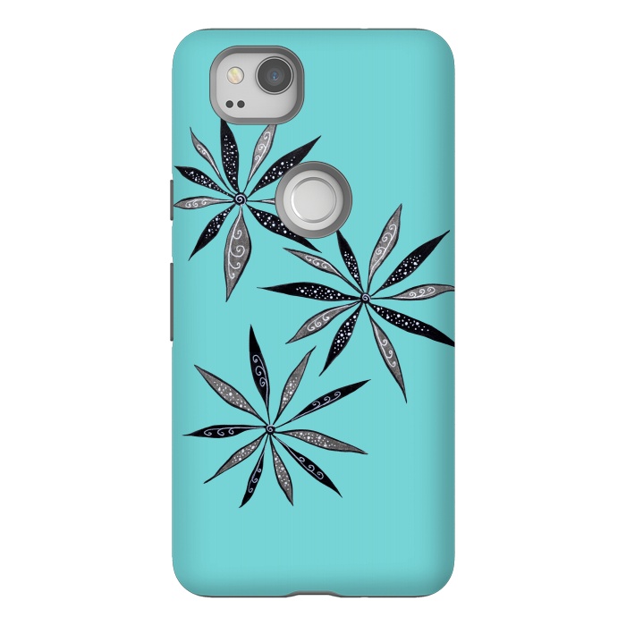 Pixel 2 StrongFit Elegant Thin Flowers With Dots And Swirls On Blue by Boriana Giormova