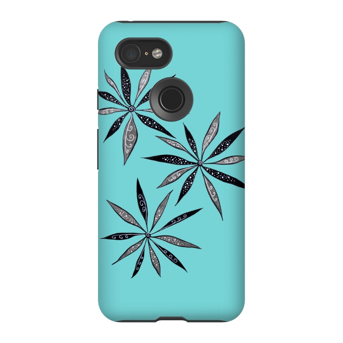 Pixel 3 StrongFit Elegant Thin Flowers With Dots And Swirls On Blue by Boriana Giormova