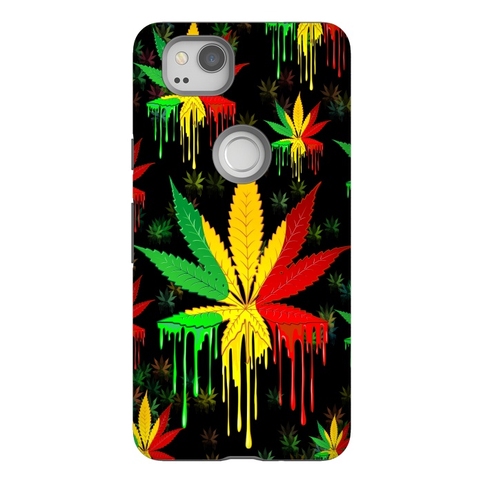 Pixel 2 StrongFit Marijuana Leaf Rasta Colors Dripping Paint by BluedarkArt