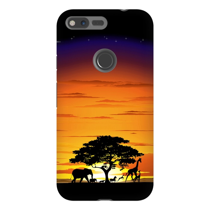 Pixel XL StrongFit Wild Animals on African Savanna Sunset  by BluedarkArt