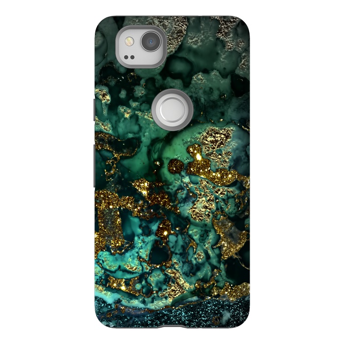 Pixel 2 StrongFit Indigo Green and Gold Glitter Ink Marble by  Utart