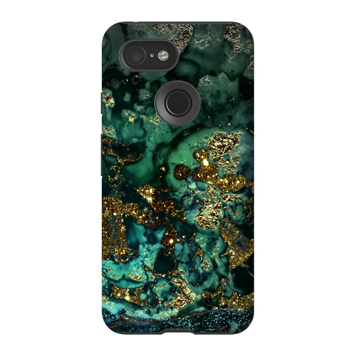 Pixel 3 StrongFit Indigo Green and Gold Glitter Ink Marble by  Utart