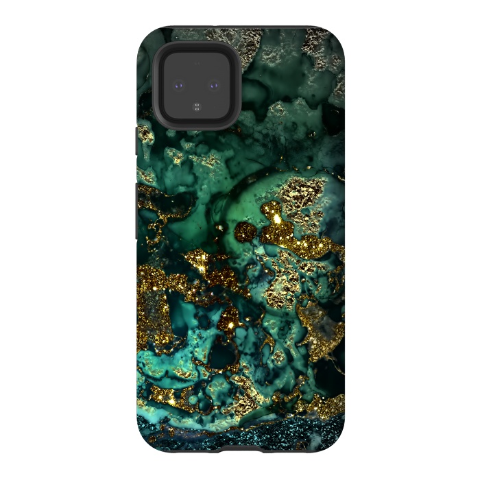 Pixel 4 StrongFit Indigo Green and Gold Glitter Ink Marble by  Utart