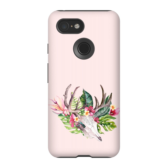 Pixel 3 StrongFit BOHO  Skull with tropical flowers and foliage by  Utart