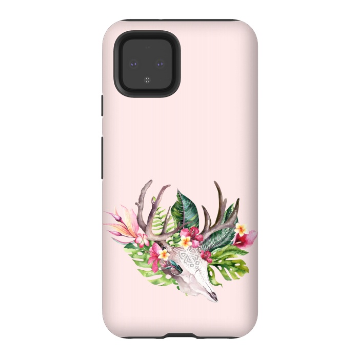 Pixel 4 StrongFit BOHO  Skull with tropical flowers and foliage by  Utart