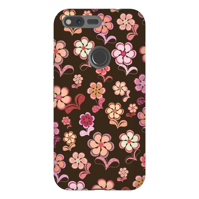 Pixel XL StrongFit 60s Flowers on Chocolate Brown by Paula Ohreen