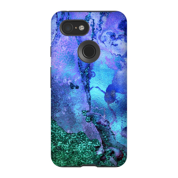 Pixel 3 StrongFit Blue and Green Glitter Ink Marble by  Utart