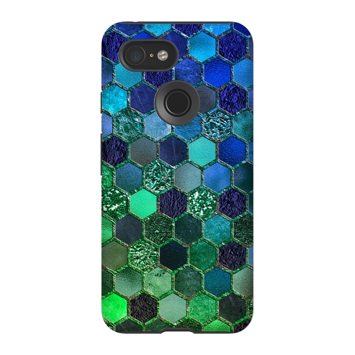 Pixel 3 StrongFit Green and Blue Metalic Honeycomb Pattern by  Utart