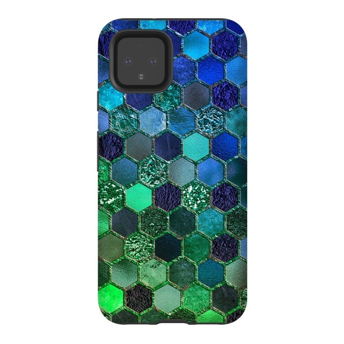 Pixel 4 StrongFit Green and Blue Metalic Honeycomb Pattern by  Utart