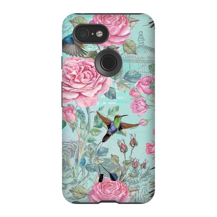 Pixel 3 StrongFit Vintage Roses and Hummingbirds by  Utart