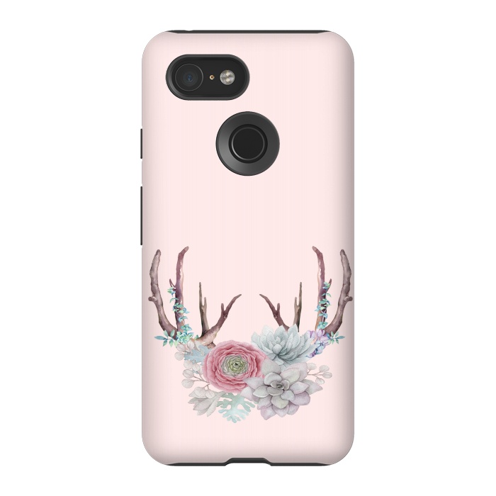 Pixel 3 StrongFit Bohomian Art- Antlers Flowers and Cactus by  Utart