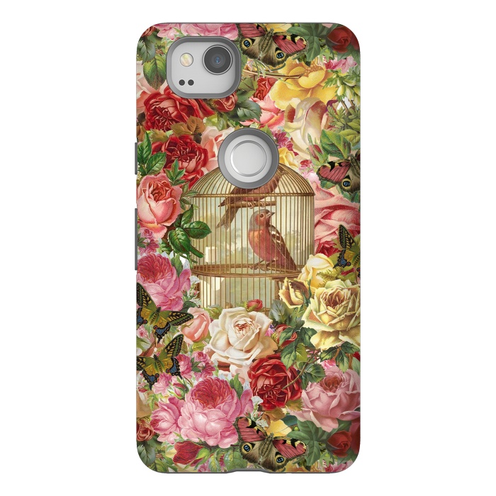 Pixel 2 StrongFit Vintage Bird Cage and Flowers by Andrea Haase
