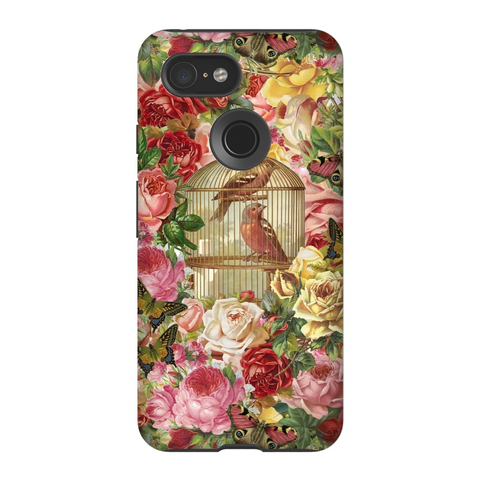 Pixel 3 StrongFit Vintage Bird Cage and Flowers by Andrea Haase