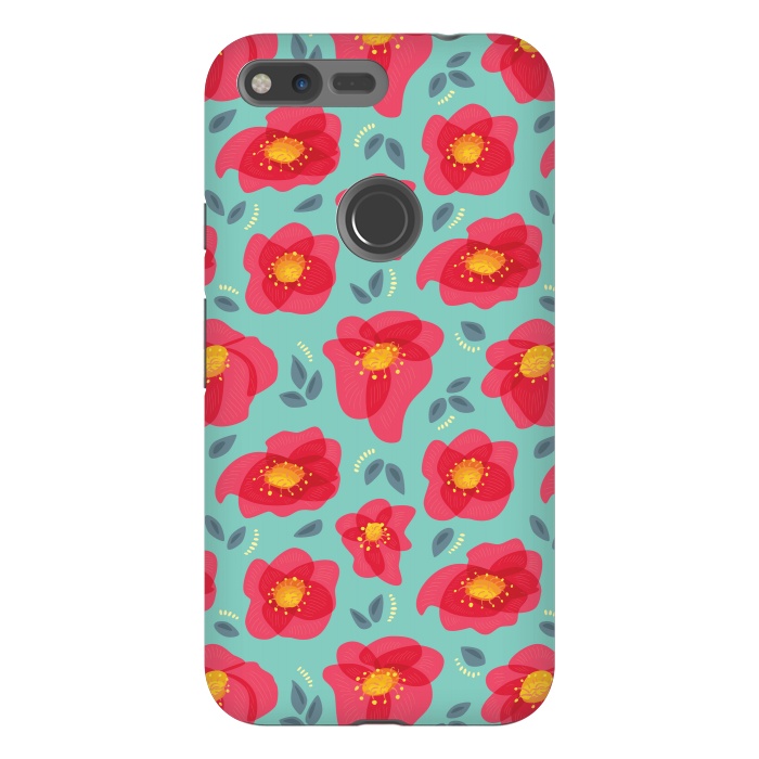 Pixel XL StrongFit Pretty Flowers With Bright Pink Petals On Blue by Boriana Giormova