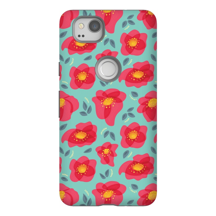 Pixel 2 StrongFit Pretty Flowers With Bright Pink Petals On Blue by Boriana Giormova