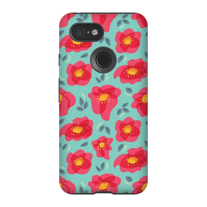 Pixel 3 StrongFit Pretty Flowers With Bright Pink Petals On Blue by Boriana Giormova