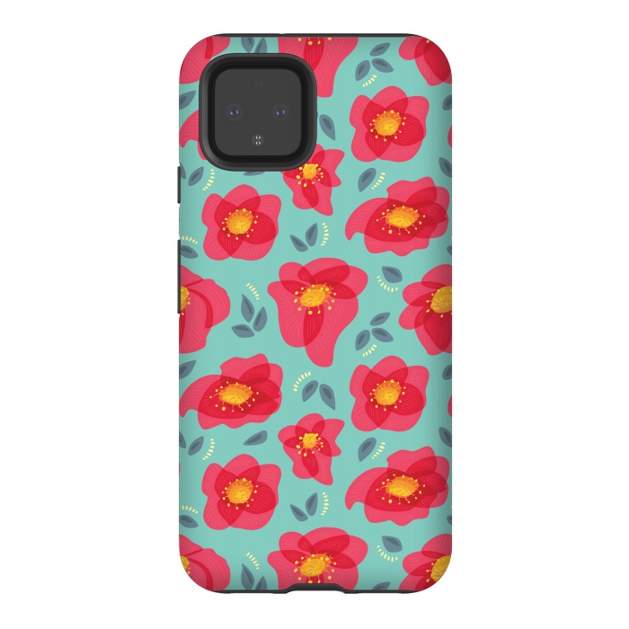 Pixel 4 StrongFit Pretty Flowers With Bright Pink Petals On Blue by Boriana Giormova