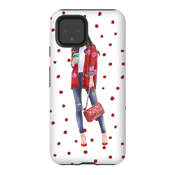 Pixel 4 StrongFit Coffee City Girl with Red Polka Dots by DaDo ART
