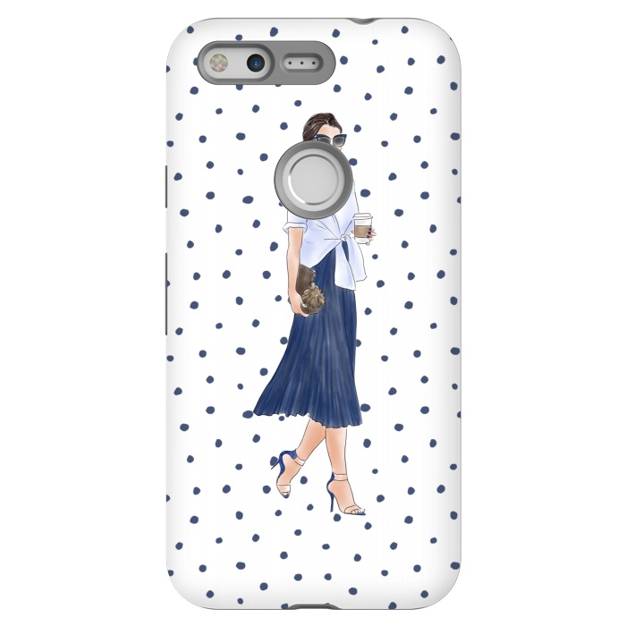 Pixel StrongFit Fashion Coffee Girl with Blue Polka Dots by DaDo ART