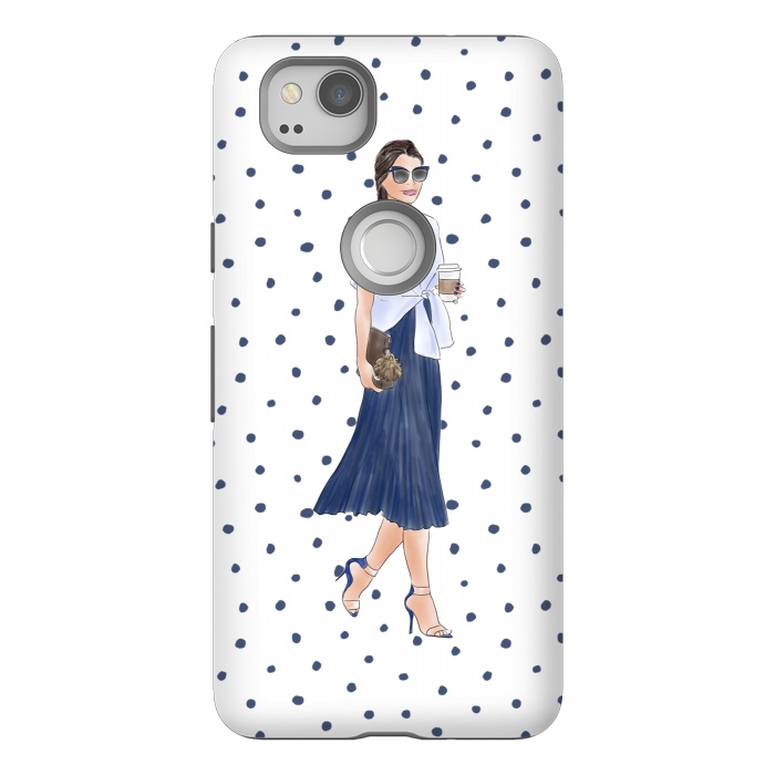Pixel 2 StrongFit Fashion Coffee Girl with Blue Polka Dots by DaDo ART