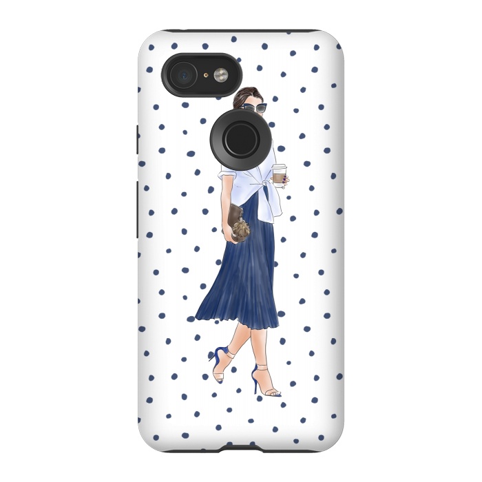 Pixel 3 StrongFit Fashion Coffee Girl with Blue Polka Dots by DaDo ART