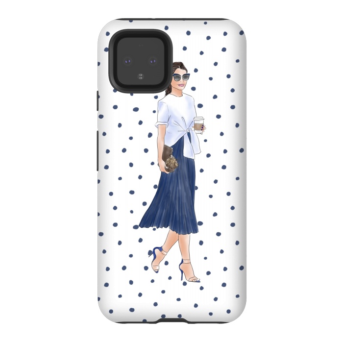Pixel 4 StrongFit Fashion Coffee Girl with Blue Polka Dots by DaDo ART