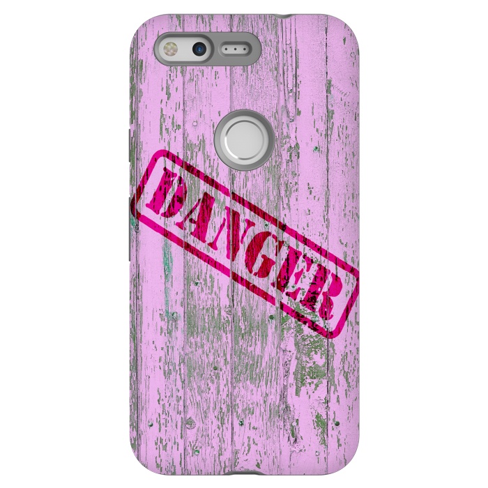 Pixel StrongFit Pink Danger Sign On Old Wooden Planks by Andrea Haase