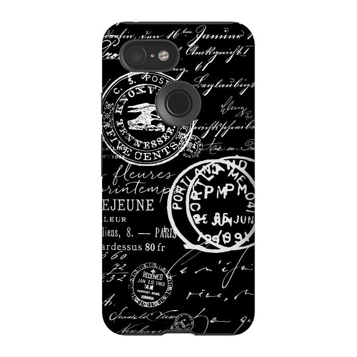 Pixel 3 StrongFit Vintage Handwriting White On Black by Andrea Haase