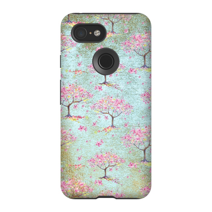 Pixel 3 StrongFit Shiny Teal Spring Metal Cherry Blossom Tree Pattern by  Utart