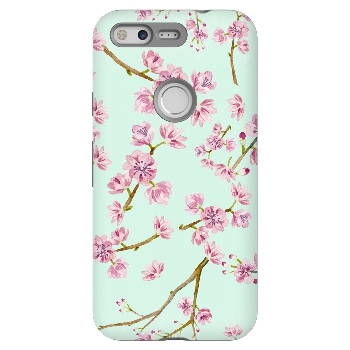 Pixel StrongFit Aqua Teal and Pink Cherry Blossom Branch Spring Pattern by  Utart
