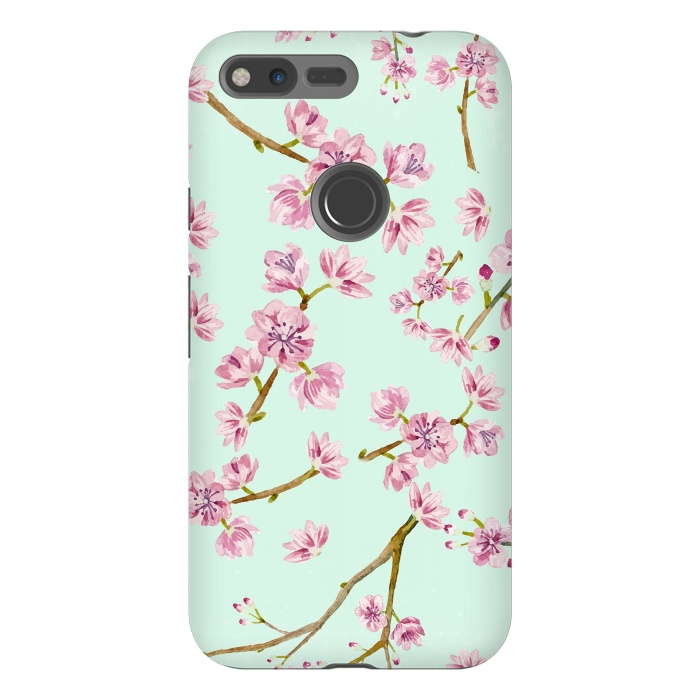 Pixel XL StrongFit Aqua Teal and Pink Cherry Blossom Branch Spring Pattern by  Utart