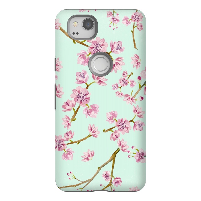 Pixel 2 StrongFit Aqua Teal and Pink Cherry Blossom Branch Spring Pattern by  Utart