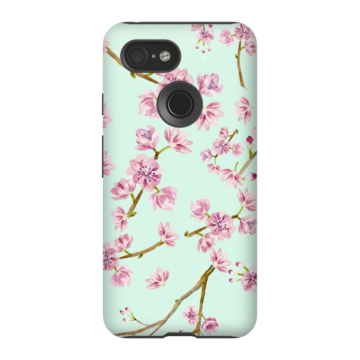 Pixel 3 StrongFit Aqua Teal and Pink Cherry Blossom Branch Spring Pattern by  Utart