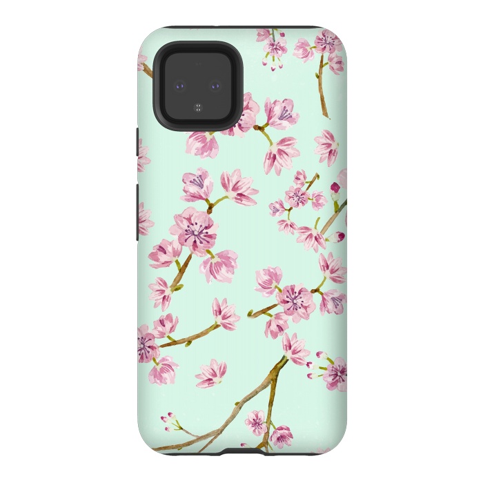 Pixel 4 StrongFit Aqua Teal and Pink Cherry Blossom Branch Spring Pattern by  Utart