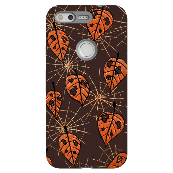 Pixel StrongFit Orange Leaves With Holes And Spiderwebs by Boriana Giormova