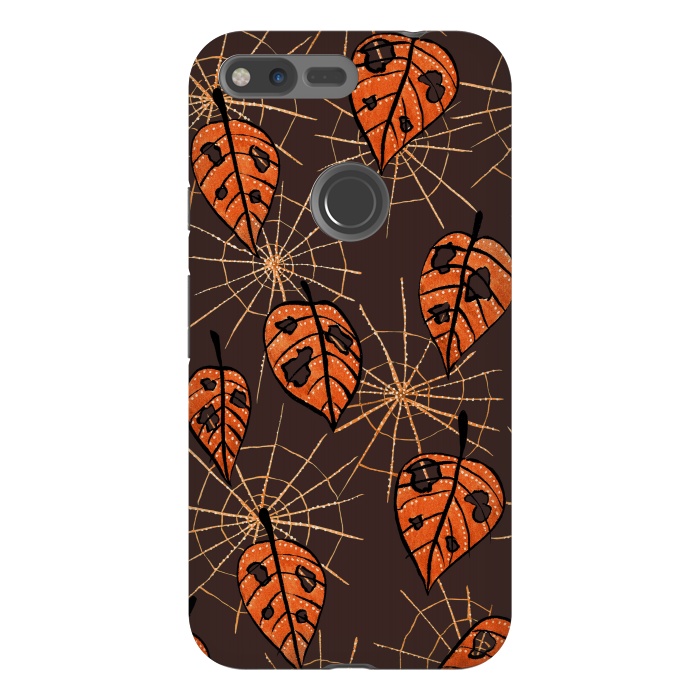 Pixel XL StrongFit Orange Leaves With Holes And Spiderwebs by Boriana Giormova