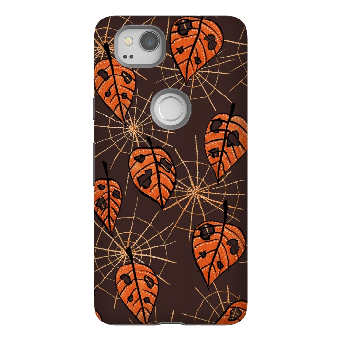 Pixel 2 StrongFit Orange Leaves With Holes And Spiderwebs by Boriana Giormova