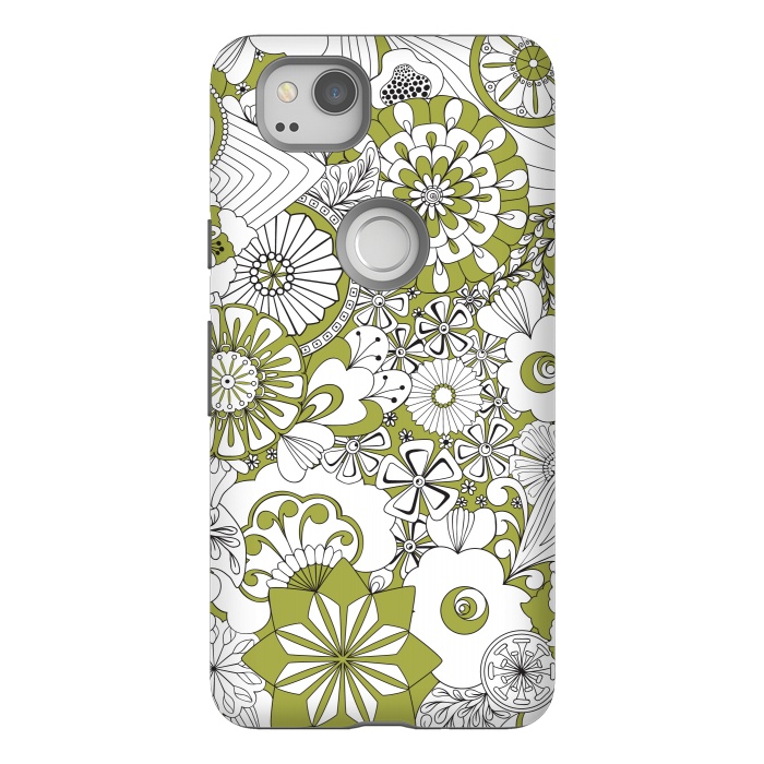 Pixel 2 StrongFit 70s Flowers - Green and White by Paula Ohreen