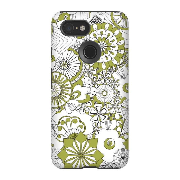 Pixel 3 StrongFit 70s Flowers - Green and White by Paula Ohreen