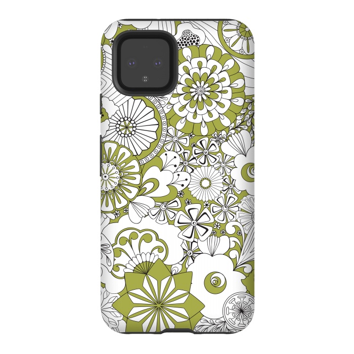 Pixel 4 StrongFit 70s Flowers - Green and White by Paula Ohreen