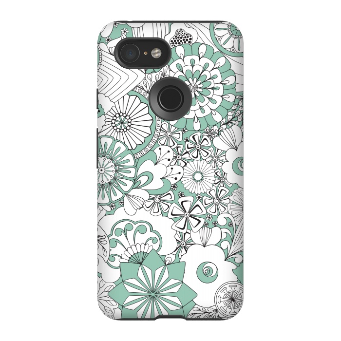 Pixel 3 StrongFit 70s Flowers - Mint Green and White by Paula Ohreen