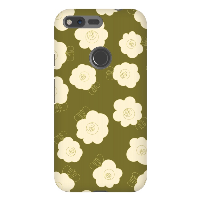 Pixel XL StrongFit Fluffy Flowers - Cream on Olive Green by Paula Ohreen
