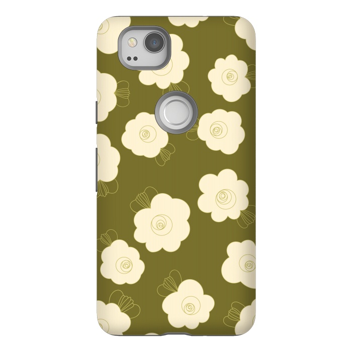 Pixel 2 StrongFit Fluffy Flowers - Cream on Olive Green by Paula Ohreen
