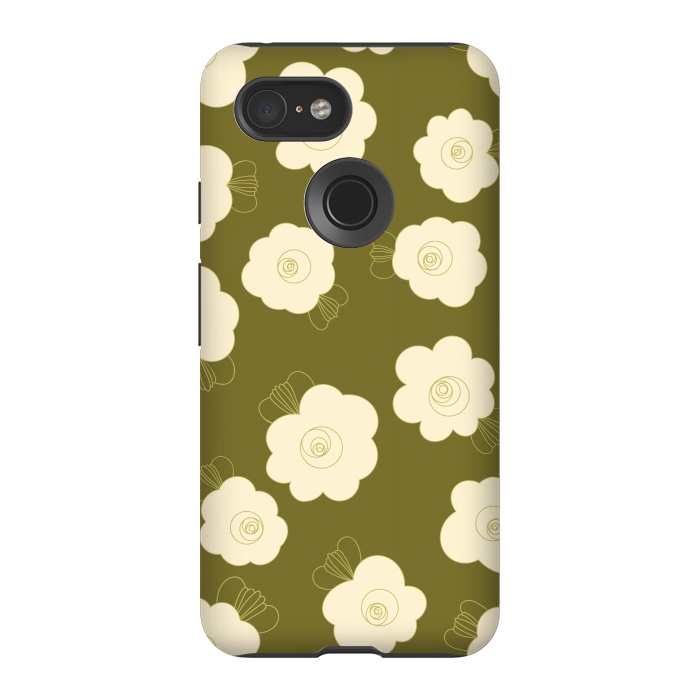Pixel 3 StrongFit Fluffy Flowers - Cream on Olive Green by Paula Ohreen