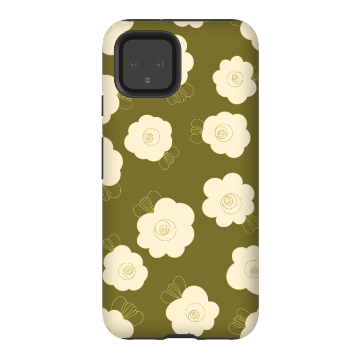 Pixel 4 StrongFit Fluffy Flowers - Cream on Olive Green by Paula Ohreen