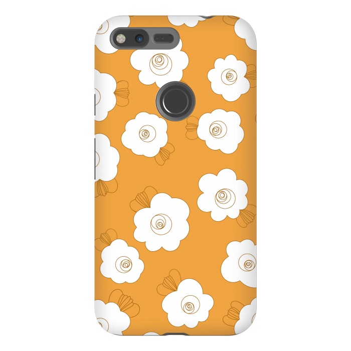Pixel XL StrongFit Fluffy Flowers - White on Pumpkin Orange by Paula Ohreen