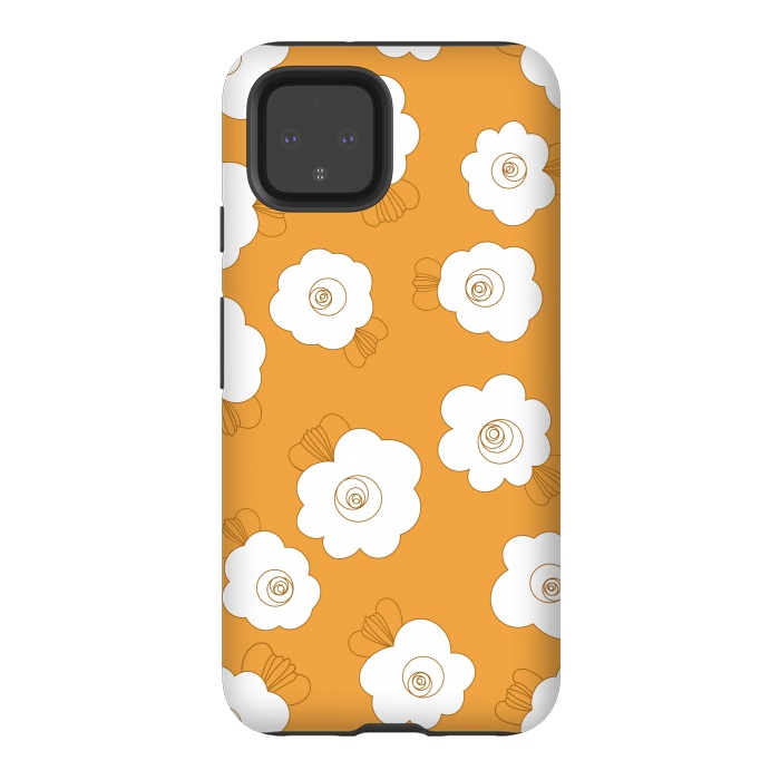 Pixel 4 StrongFit Fluffy Flowers - White on Pumpkin Orange by Paula Ohreen