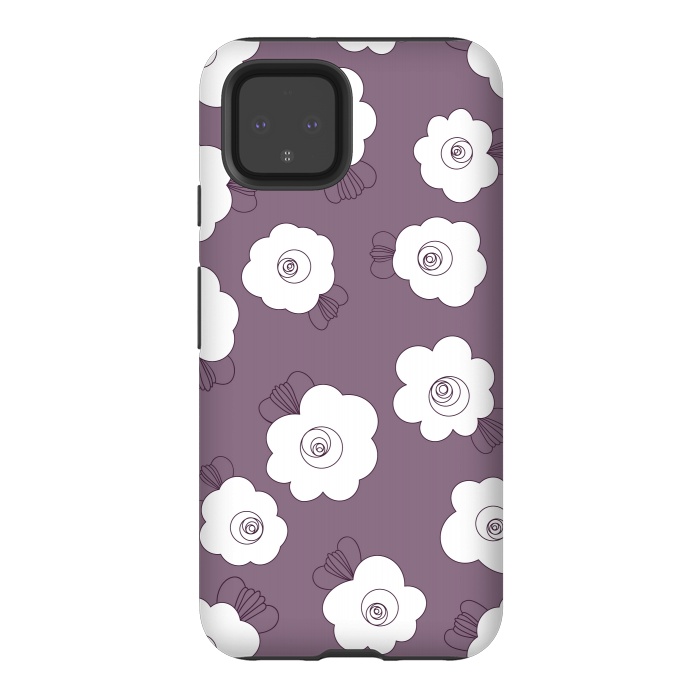 Pixel 4 StrongFit Fluffy Flowers - White on Grape Purple by Paula Ohreen